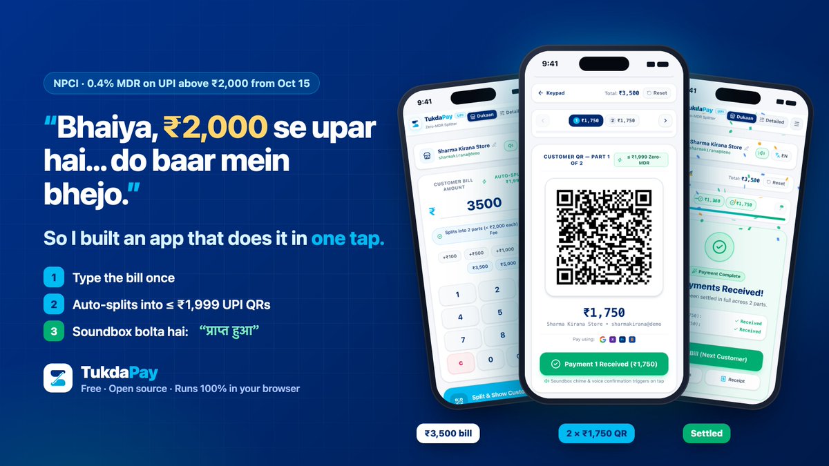 SubhadeepDataa's tweet photo. Everyone built the ₹1,999 splitter. I built the one uncle can use at the counter: Hindi UI, one big QR per part, and a soundbox that announces every tukda.

Free, open source, runs 100% in your browser.
https://t.co/CNREnP8pal https://t.co/9aeD7ujyam