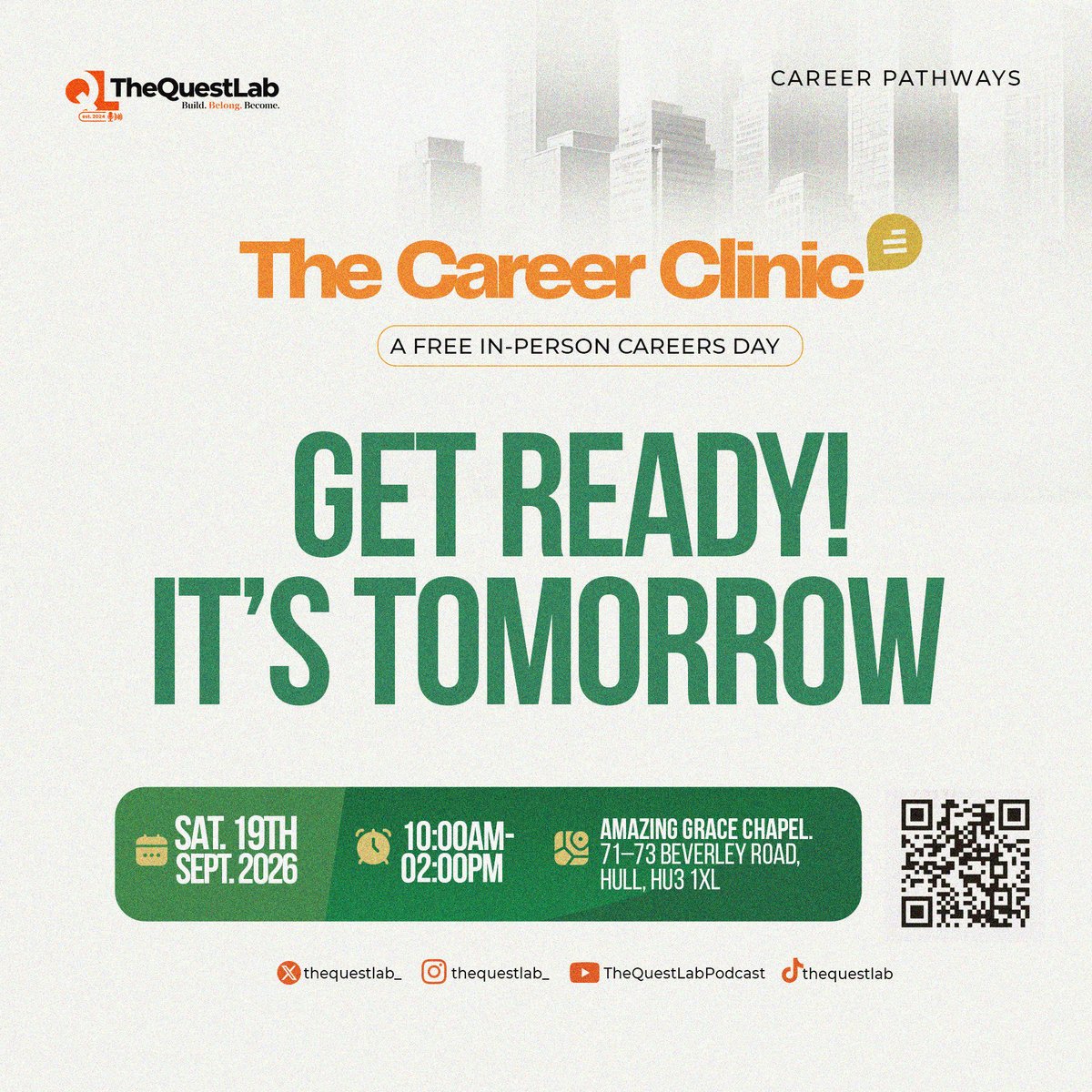 thequestlab_'s tweet photo. TheQuestLab Career Clinic 2026 is finally here.

A FREE in-person careers day bringing together professionals, career mentors and individuals ready to gain clarity, practical support &amp; actionable career direction.

Come ready to learn, ask questions, connect &amp; grow your career👋 https://t.co/QuJVhk63Si