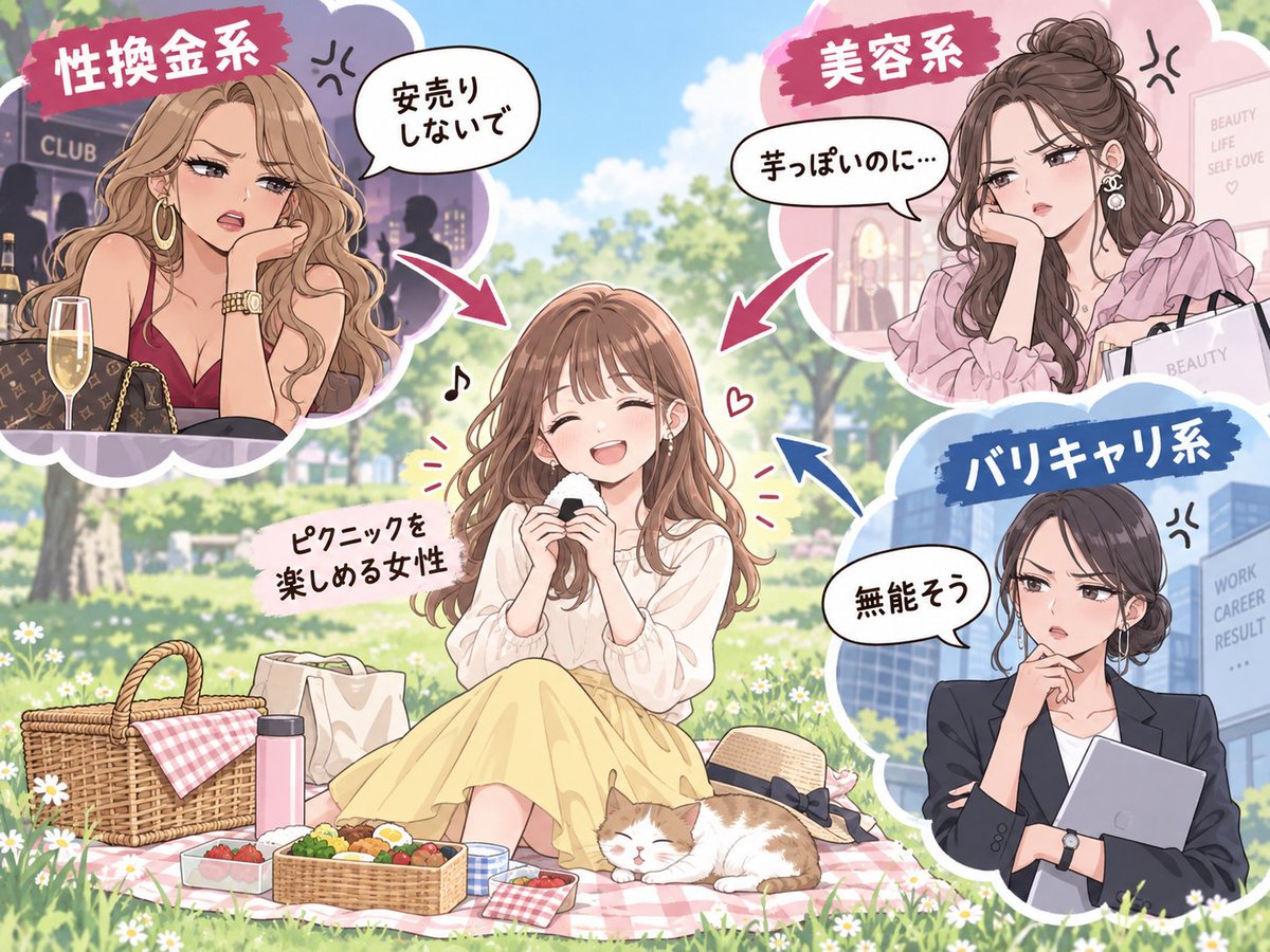 sumomodane's tweet photo. 図解：ピクニックを楽しめる女性を女性が叩く構図 https://t.co/k8IEdFNPaC