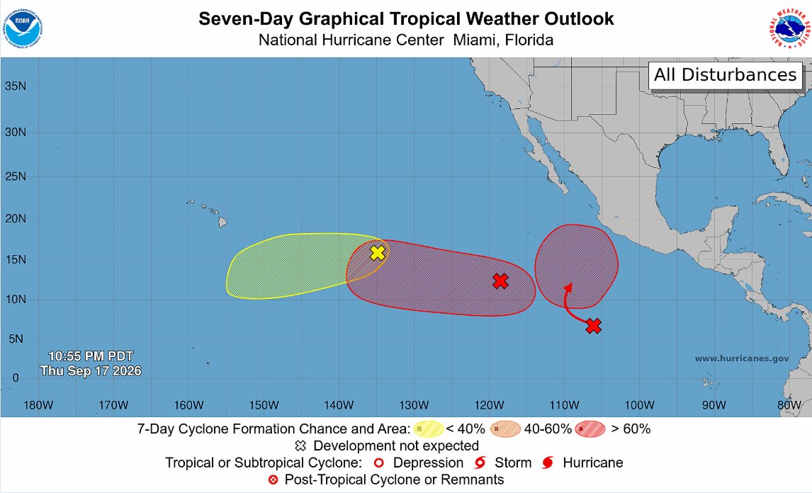 NHC_Pacific's tweet photo. 11 PM PDT, Sep 17: NHC is highlighting three areas in the East &amp; Central Pacific this evening. Two of these areas have a high chance of tropical cyclone formation (🔴70% or greater) over the next 7 days.

Monitor https://t.co/NyUGSIFCuo for the latest updates. https://t.co/QJTaIGdzDK