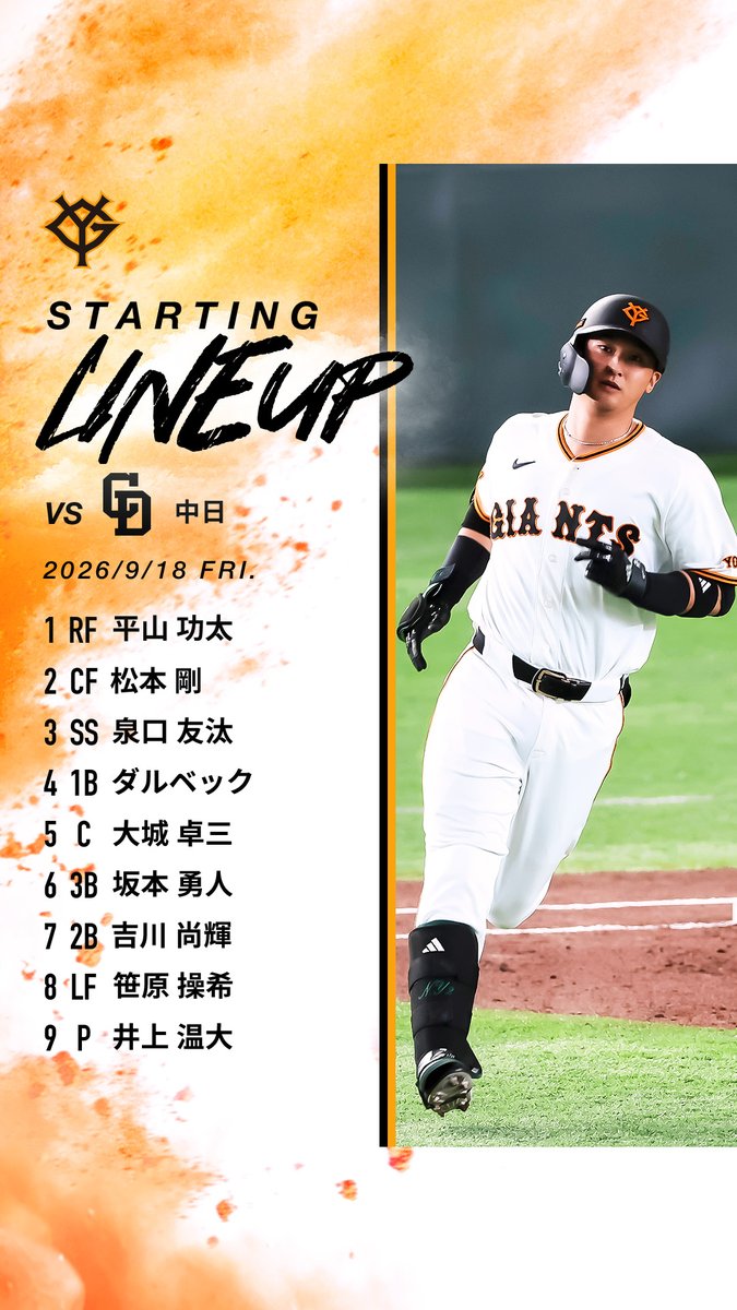 TokyoGiants's tweet photo. 【一軍】巨人 vs 中日
東京ドーム
18時試合開始⚾ 

本日のスタメン！

GIANTS TVでLIVE配信📺
https://t.co/DSSeHrVgc0 https://t.co/EKWaaiASsq