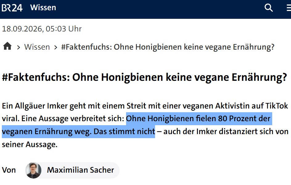 BuUmMst's tweet photo. Der @BR24 #Faktenfuchs widerspricht der These, wonach 80 Prozent der pflanzlichen Nahrung von Honigbienen abhängig wären.

Unerwähnt bleibt, dass der ÖRR selbst seit über zehn Jahren recht undifferenziert an der Verbreitung dieser Zahl mitgeholfen hat.

https://t.co/gFPm1zXJrp https://t.co/mBQ2SsYDtS