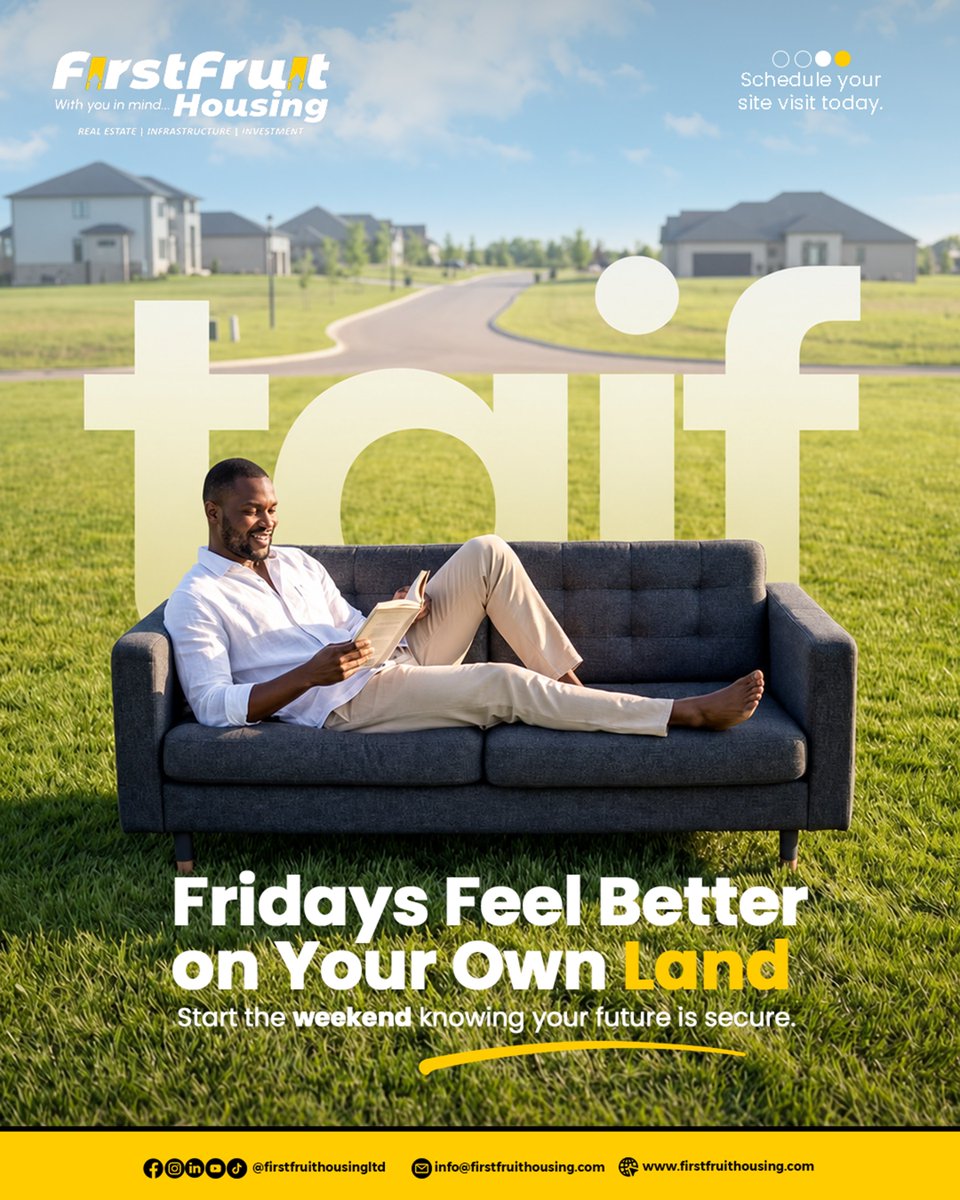 Firstfruitltd's tweet photo. Fridays feel even better when you know you own a piece of the future.
Imagine stepping into the weekend with peace of mind, knowing your land is secure and growing in value.
Your future starts with one smart decision.

#TGIF #FirstfruitHousing #LandOwnership #RealEstateInvestment https://t.co/9tJJgdcg78