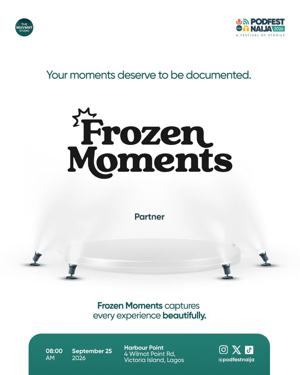 PodfestNaija's tweet photo. We’re thrilled to welcome our  EXPERIENCE PARTNER @frozenmoments  to PodFest Naija 2026! 💃🏽

PodFest Naija is bringing together podcasters, creators, brands, policy/industry leaders, storytellers and lovers of stories into one space. https://t.co/uDyb8EvGXc