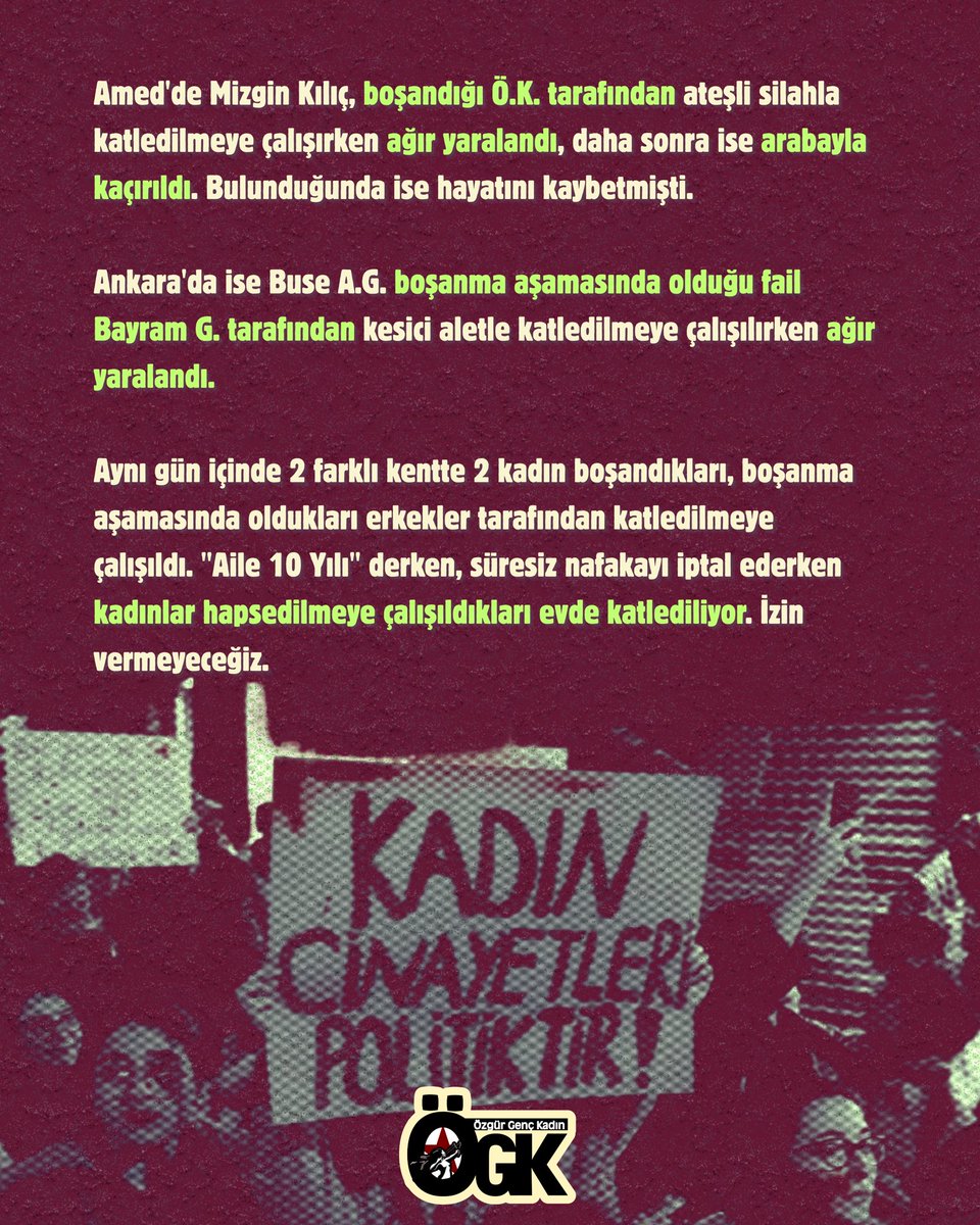 OzgurGencKadin0's tweet photo. Aynı günde 2 farklı kentte 2 kadının boşandıkları, boşanma aşamasında oldukları erkekler tarafından katledilmeye çalışıldı. "Aile 10 Yılı" derken, süresiz nafakayı iptal ederken kadınlar hapsedilmeye çalışıldıkları evde katlediliyor. İzin vermeyeceğiz. https://t.co/L2egD4kOlF