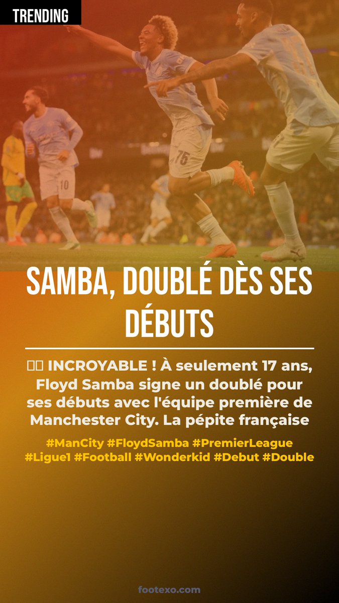 Ligue1News2026's tweet photo. 🇫🇷 INCROYABLE ! À seulement 17 ans, Floyd Samba signe un doublé pour ses débuts avec l'équipe première de Manchester City. La pépite française explose déjà ! 🐐🔥 #Mancity #FloydSamba https://t.co/qjHQoHcjTD