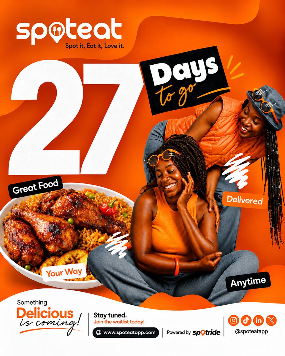 Spoteatng's tweet photo. The countdown is getting real! 🔥
In just 27 days, Spoteat is bringing you closer to great food, your way, delivered anytime. 🍗📲

Something delicious is coming! 👀
Stay tuned and be among the first to experience Spoteat.

🧡 Join the waitlist today: https://t.co/AdsGbRwBRj⁠�
Spot It. Eat It. Love It.

#Spoteat #27DaysToGo #SpotItEatItLoveIt #ComingSoon #FoodDelivery #FoodTech #LagosFood #LagosEats #FoodLovers #FoodieNigeria #NigerianFood #FoodDeliveryNigeria #EatLocal #GreatFood #Delivered #JoinTheWaitlist #LagosBusiness #TechInNigeria #NigeriaStartups #SpoteatApp