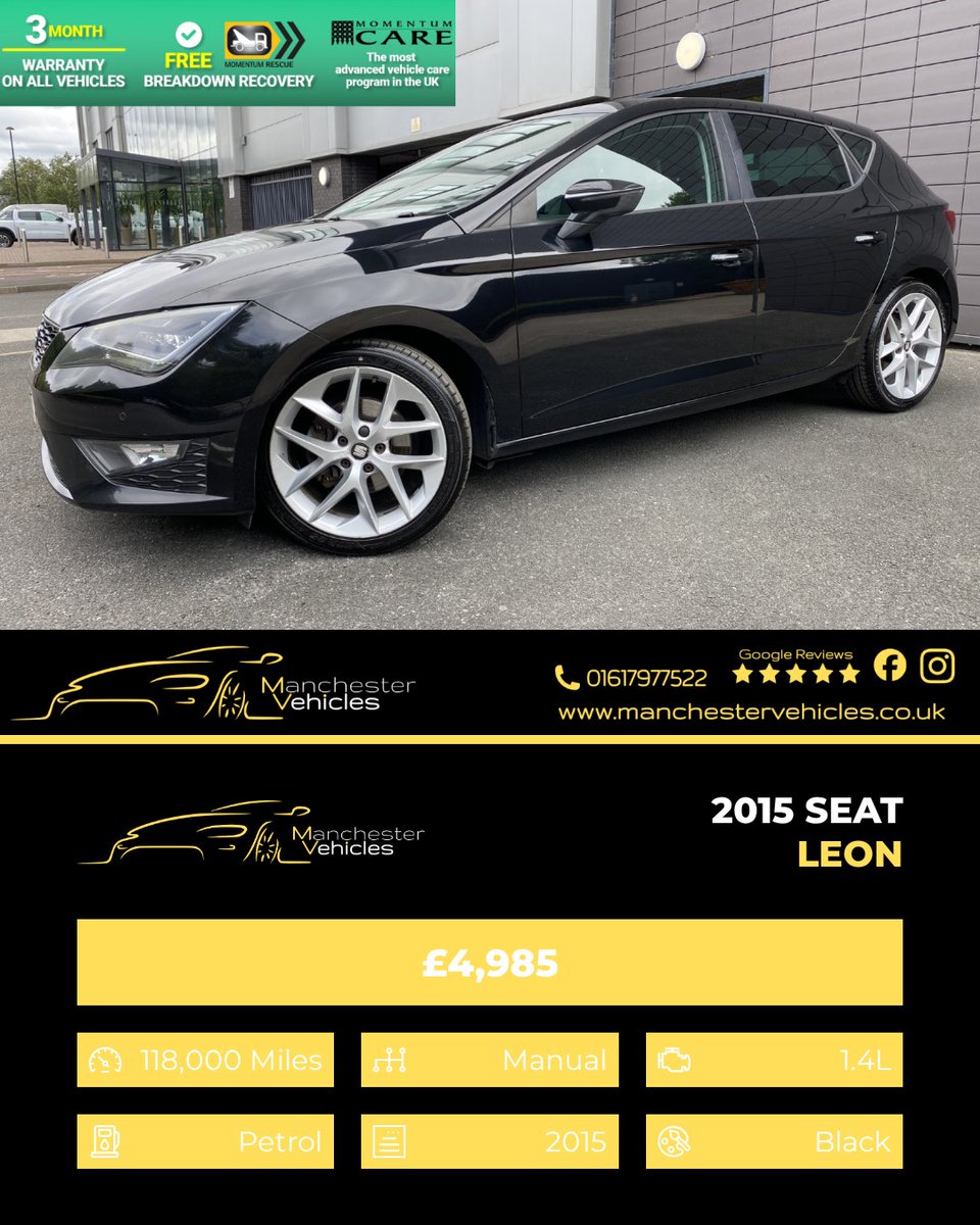 DerickGamelev's tweet photo. 2015 SEAT LEON 1. 4 EcoTSI FR - £4, 985 
1. 4L petrol, manual 
118, 000 miles 
Warranties available 
Part exchange welcome 
Buy with confidence—read our 5-star reviews 
For more information, contact us
07931 899177 
sales@manchestervehicles. co. uk https://t.co/HDEl15lyrm