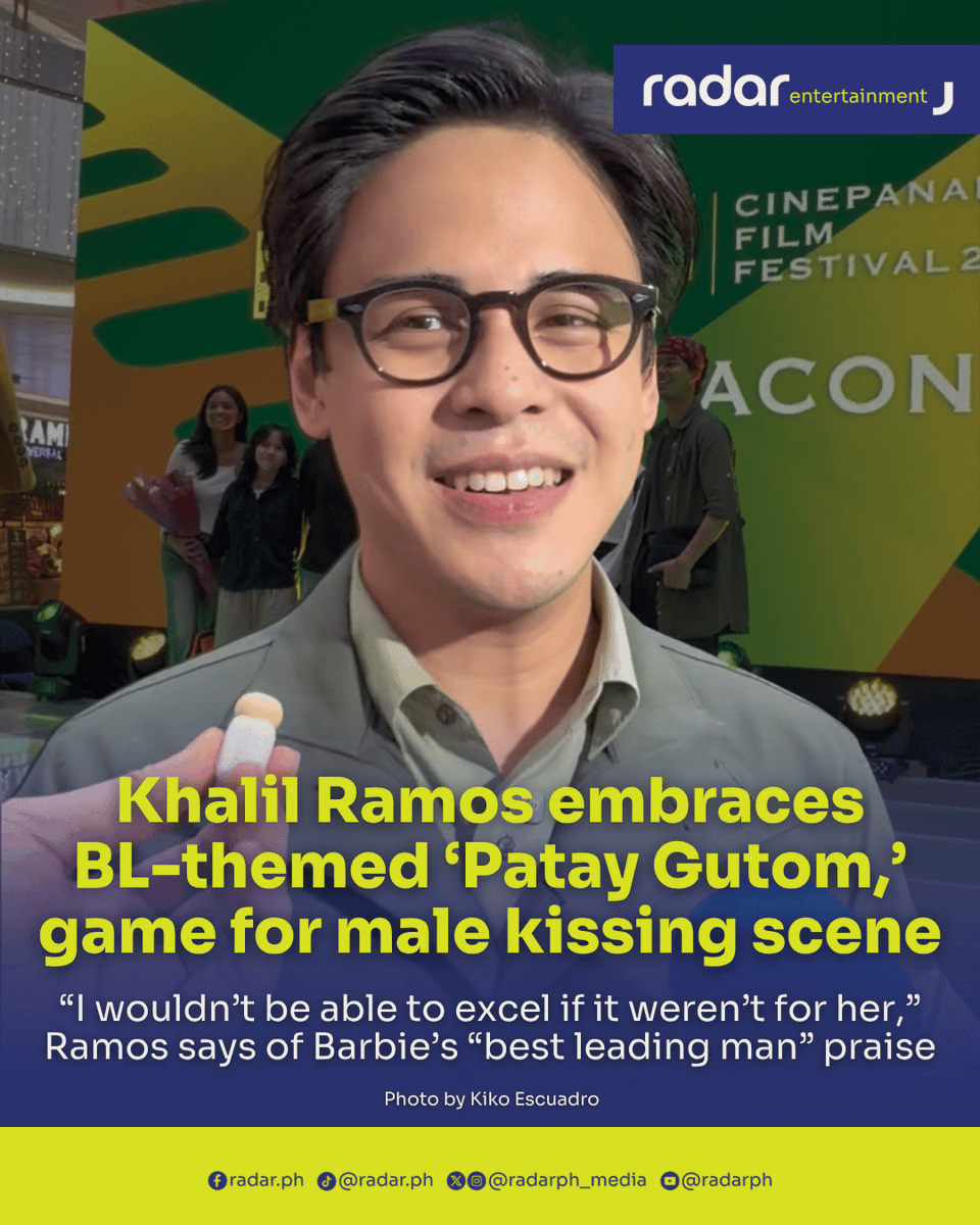 radarph_media's tweet photo. #KhalilRamos takes on a new acting challenge as he stars in the boys’ love-themed film “Patay Gutom,” one of the official entries of the 2026 Puregold CinePanalo Film Festival.

Directed by Carl Papa and co-starring #IanPangilinan, the film follows a grumpy shut-in whose third eye opens after accidentally eating an offering meant for a lonely ghost, leading to an unexpected bond filled with family secrets, heartache, and love that crosses the line between life and the afterlife.

For Khalil, taking on an unconventional role also comes with the support of his longtime girlfriend, #GabbiGarcia, who he said was excited after seeing the film’s teaser.

“She’s actually very excited nang nakita niya ang teaser. The both of us were very much excited to see it. Hopefully, we get to attend the premiere,” he shared.

The film also teases a kissing scene between Khalil and a male actor, something he is willing to do if it serves the story.

“As long as the script goes for it, I am a firm believer na story is king, and the scene is required to communicate the truth, and that’s good,” Khalil said.

Beyond “Patay Gutom,” Khalil is also grateful to have several projects lined up this month, seeing the opportunities as a sign of continued trust from productions despite the current state of the local entertainment industry.

“Super blessed sa lahat ng nakakatrabaho kong productions, thankful pa rin ako na may tiwala pa sila sa talento ko. In the current state of our industry, sobrang swerte ko na may isang project, pero ngayon sa buwan na ’to, currently I have three, which I am super grateful to be part of these projects,” he said.

Khalil is also set to share the screen with #BarbieForteza, who previously described him as her “best leading man,” a compliment he received with humility.

“I’m super flattered. Ako naman, in my opinion, I’m just doing the best I can as her on-screen partner, the bare minimum. And if that’s what she feels, I’m super thankful na iyon ang naramdaman niya,” he said.

Rather than taking the praise solely for himself, Khalil credited Barbie for making their on-screen partnership work.

“But in an on-screen partnership, it takes two for it to work. So I pass on the praise to her. I wouldn’t be able to excel if it weren’t for her generosity as an actor as well,” he added.

With “Patay Gutom,” Khalil continues to take on challenging roles while building meaningful on-screen partnerships.

The 2026 Puregold CinePanalo Film Festival runs from September 23 to October 4 across select cinemas.

(✍️ and 📹 Kiko Escuadro) 

#radarPHEntertainment #radarPH
