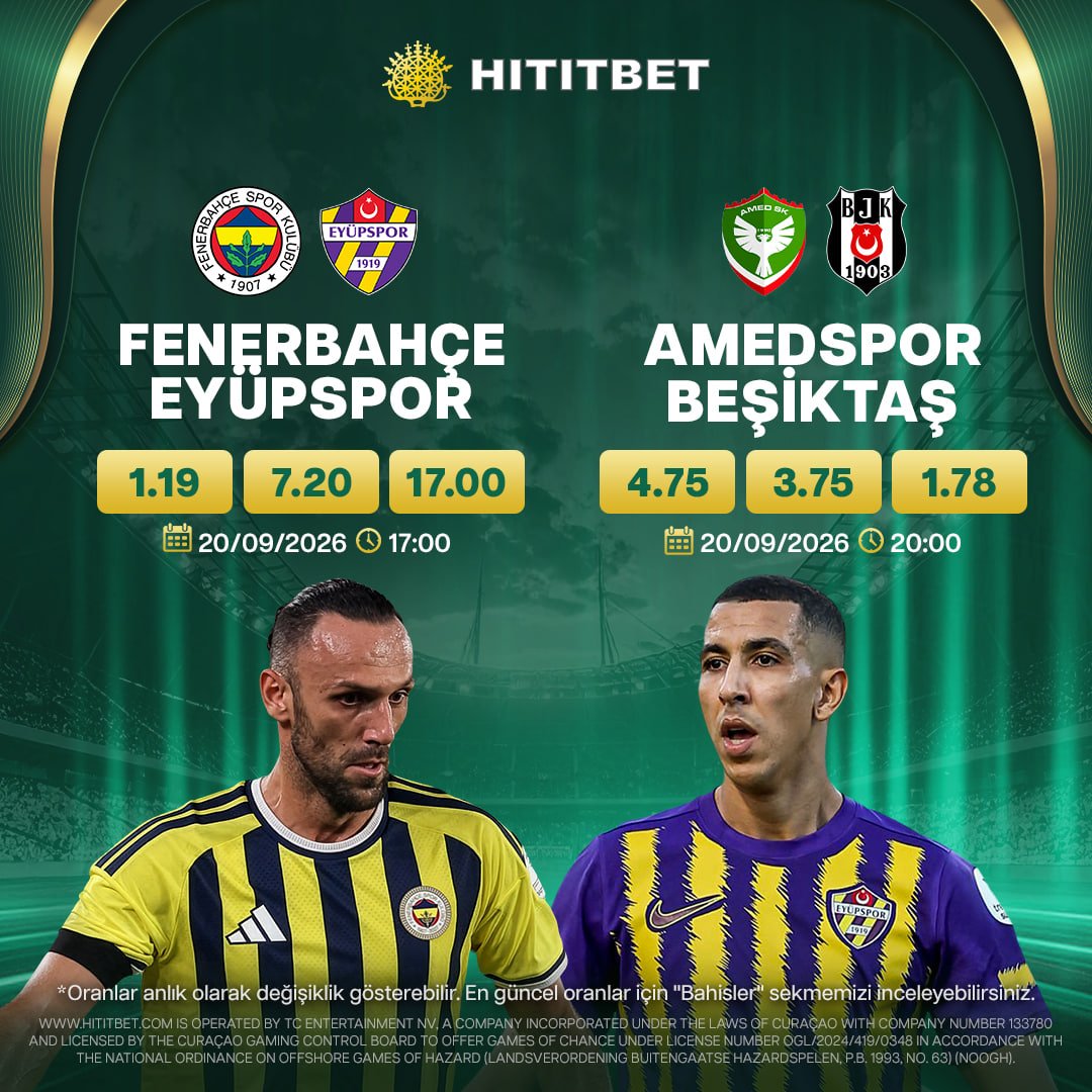 hititbetsocialx's tweet photo. 🔥⚽️ HAFTANIN HEYECANI HİTİTBET’TE! 🏆

 | 20 Eylül 17.00 
💛💙 FENERBAHÇE – EYÜPSPOR|
 Oranlar: 1.19 • 7.20 • 17.00

 | 20 Eylül 20.00 | 
🟢⚫️ AMEDSPOR – BEŞİKTAŞ
Oranlar: 4.75 • 3.75 • 1.78

🚀🎯 Maç heyecanı, HİTİTBET’TE! ⚡️🔥

https://t.co/BrerahptRE https://t.co/oMdYe8BC7i