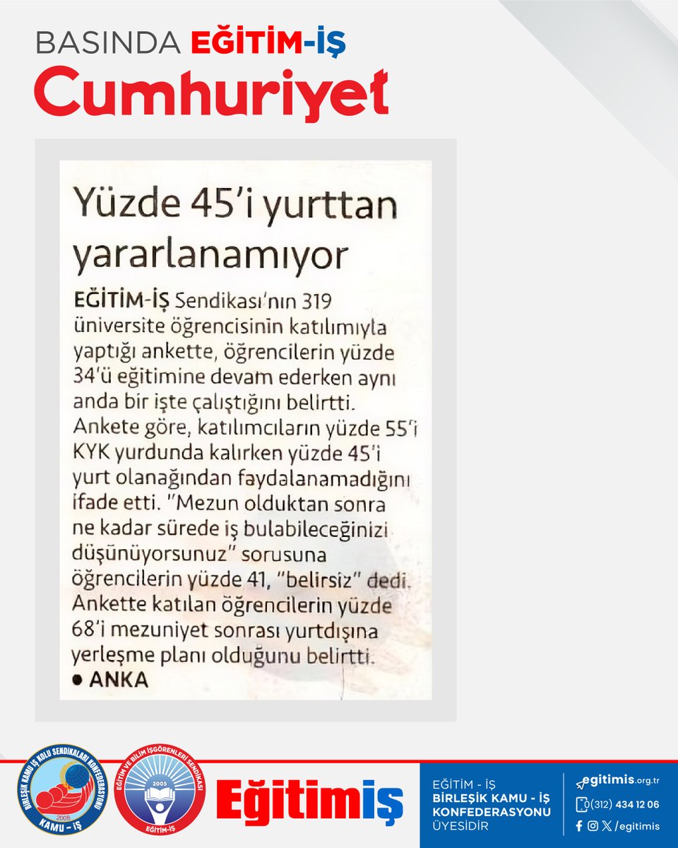 egitimisorg's tweet photo. Eğitim-İş olarak, 319 üniversite öğrencisiyle yaptığımız anket ve piyasa araştırmaları sonucu hazırladığımız “Maddi İmkansızlar ve Belirsiz Bir Gelecek Sunan İktidar Politikalarının Gölgesinde Gençlerin Eğitim Mücadelesi” raporumuz Cumhuriyet gazetesinde yer aldı.

@cumhuriyetgzt1