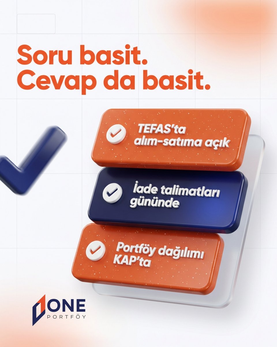 oneportfoycomtr's tweet photo. Son günlerde en çok duyduğumuz soru şu oldu: "Param güvende mi, istediğimde alabiliyor muyum?" 🤔

One Portföy'de her şey normal 👇
✅ Fonlarımız TEFAS'ta alım-satıma açık
✅ İadeler gününde, zamanında
✅ Portföy dağılımları şeffaf şekilde KAP'ta

Soru basit, cevap da basit. İşlemler her zamanki gibi devam ediyor.