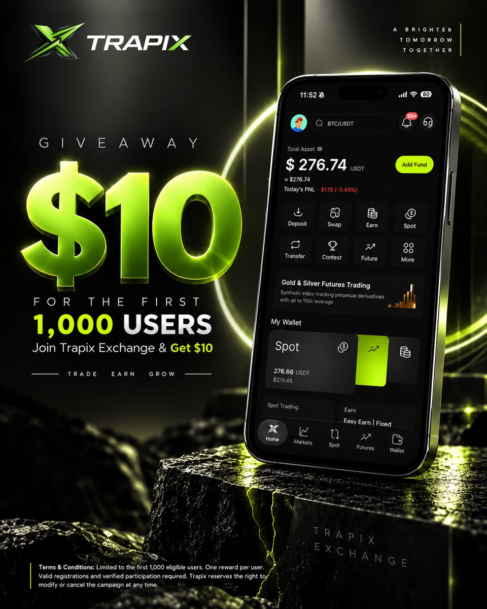 TrapixExchange's tweet photo. Ready to trade, earn & grow with TRAPIX Exchange? 🚀

Join our $10 Giveaway and get rewarded when you complete all the steps:

✅ Sign up on TRAPIX Exchange
✅ Follow us on Twitter/X
✅ Like this post
✅ Repost this post
✅ Comment “TRAPIX”

🎉 Complete all steps and receive $10 in your registered TRAPIX account.

📩 After completing the steps, comment your registered email address below so we can verify your participation and process your reward.

⚡ LIMITED TO THE FIRST 1,000 ELIGIBLE USERS!
Don’t wait get in early and claim your $10. 💚

TRAPIX EXCHANGE
 Trade. Earn. Grow.

#TRAPIX #TRAPIXExchange #Giveaway #CryptoGiveaway #Crypto #CryptoTrading