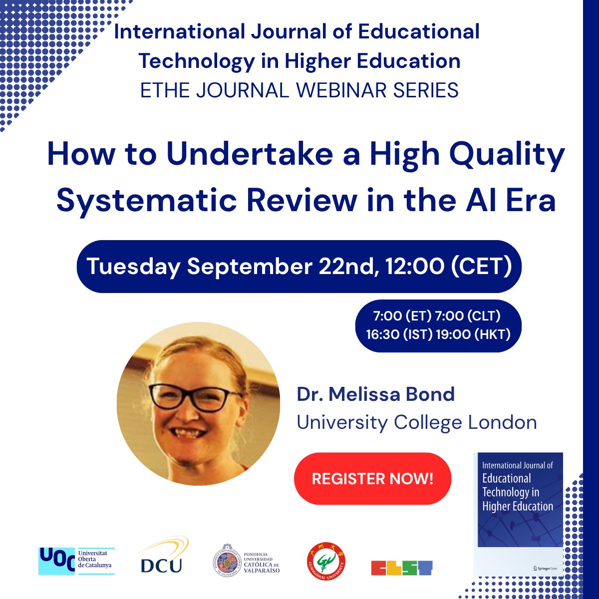 edulabTIC's tweet photo. 🔴Next week! New @ETHEjournal Webinar Series on «How to Undertake a High Quality #SystematicReview in the #AI Era» with @misc_nerd from @EPPICentre and
@1MNGM, @DCU as chair!  

🗓️Tuesday September 22nd, 12:00h(CET)  
✅Registration: https://t.co/Hk8XDy9Yoq 

#ETHE #researchUOC https://t.co/EedyDkQHNB