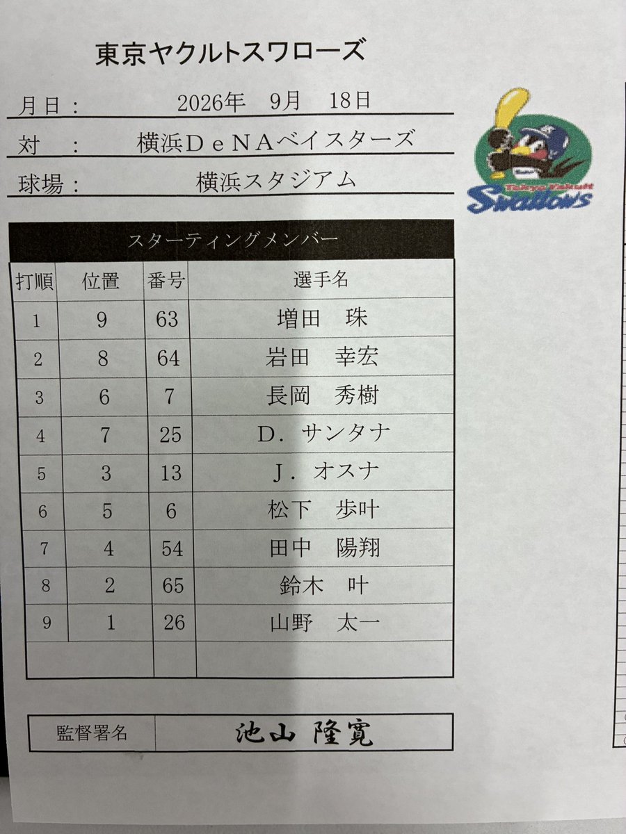 swallowspr's tweet photo. 9月18日（金）
vs.横浜DeNAベイスターズ
東京ヤクルトスワローズ
本日のスタメン
#swallows
#燕心全開 https://t.co/HsnkKjLiPX