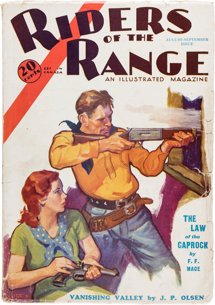 LRonLacy's tweet photo. In #SEPTEMBER 1931
‘The Law of the Caprock by F. F. Mace’
‘Vanishing Valley by J. P. Olsen’
Cover of *Riders of the Range*, August-September 1931 (Hersey)
#Illustration by Walter M. Baumhofer (1904-1987)
#illustrationart #illustrationartists #WalterBaumhofer #pulps #Westerns https://t.co/XRNDCVc1g5