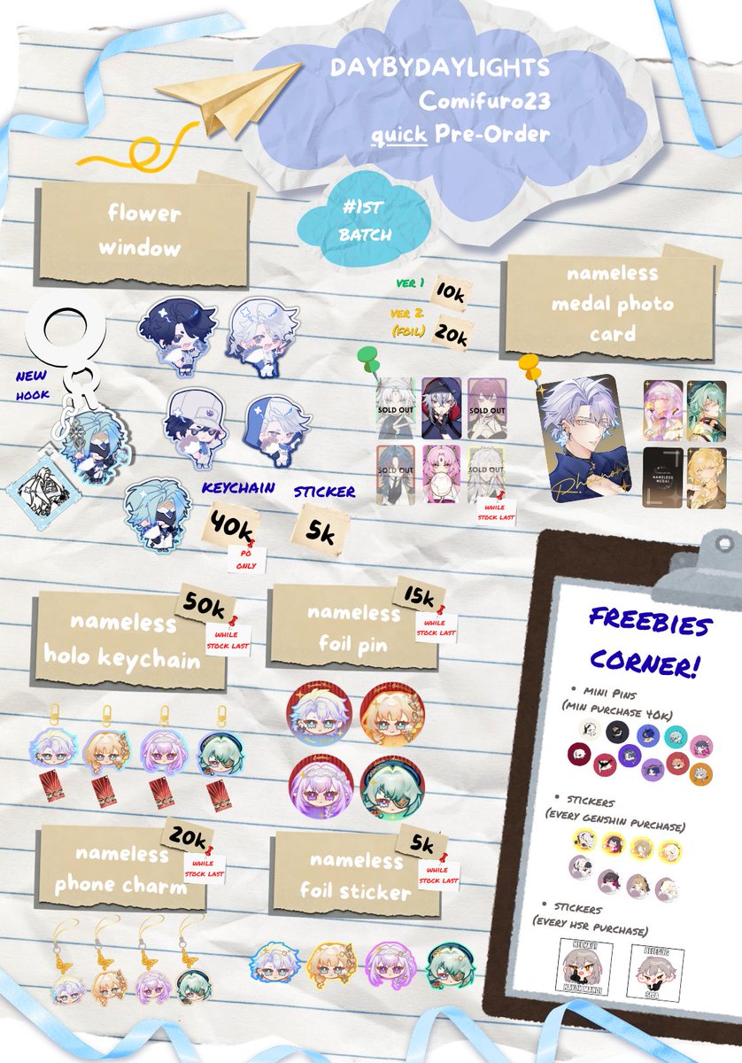 daybydaylights's tweet photo. [RTs &amp;💚 are appreciated!]
Hello! I'm opening SUPER QUICK #CF23 Batch 1 PO Pick Up &amp; Mail Order 

Fandom
✨Genshin Impact
✨Honkai Star Rail / HSR
✨Identity V / IDV

🗓️ Open until Sept 20th 2026
📍ICE BSD Pitik Kelap Kelip Both Days (no table tba)

#comifuro23 #cf23catalogue https://t.co/divR11ItFJ