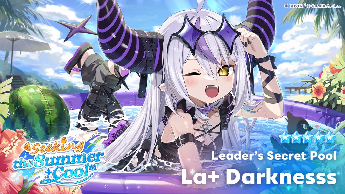 holo_dreams_en's tweet photo. /／
A new ★5 Member enters the stage!✨
Available in the gacha starting Saturday, September 19 at 11:00 AM (JST)!🎉
\＼

Revealing the illustration for ★5 [Leader's Secret Pool] La+ Darknesss🛸💜

Obtain both her Park Outfit and Live Outfit when pulling her!✨

🔽 Check the thread below for the Outfit videos & Skill info👗✨

#holodori #LaplusDarknesss