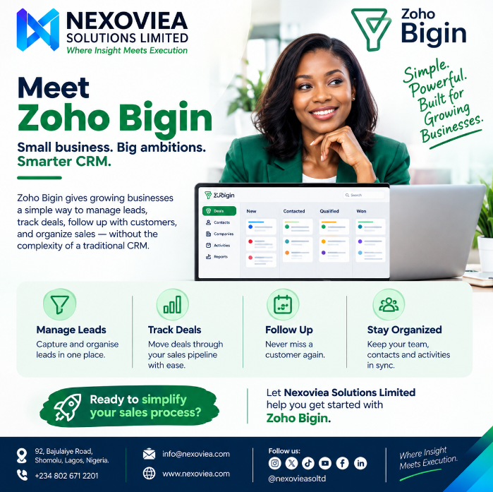 nexovieasoltd's tweet photo. 🚀 Small Business Owner? Not a Problem!
Big ambitions don't always need complicated systems. Zoho Bigin gives small businesses a simple, affordable way to manage leads, track deals, and stay on top of customer follow-ups.
Nexoviea has a smarter solution for every business. https://t.co/S5hEZDK2JZ