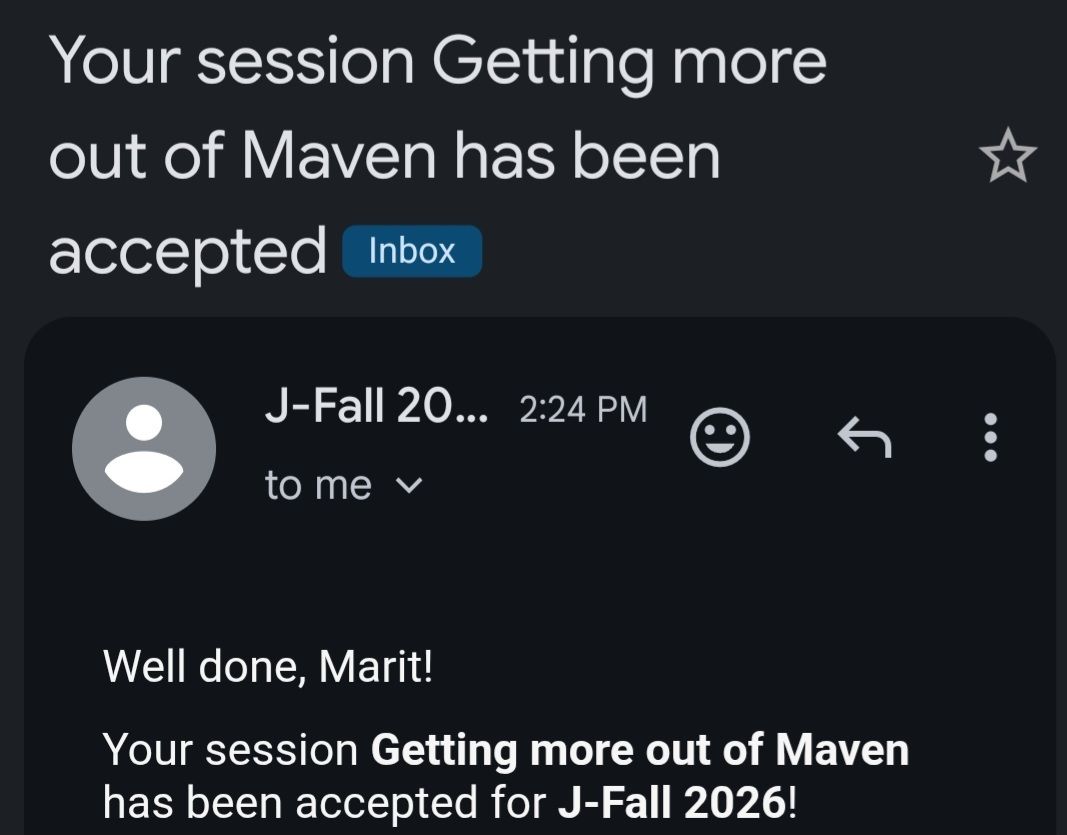 MaritvanDijk77's tweet photo. Adding one more conference to 2026:
@aalmiray and I will present "Getting more out of #Maven" at @nljug
@jfallconf! #JFall https://t.co/bKsWYWjTWN