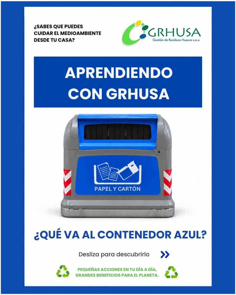 grhusahuesca's tweet photo. 📘 APRENDIENDO CON GRHUSA | CONTENEDOR AZUL
🔵 Papel y cartón, siempre al azul.

¿Sabes qué residuos sí van y cuáles no? Desliza y descúbrelo. 👀♻️

Y recuerda: papel y cartón,  bien plegados para aprovechar mejor el espacio.

#AprendiendoConGRHUSA #Reciclaje #PapelYCartón https://t.co/VLiyD8c59c