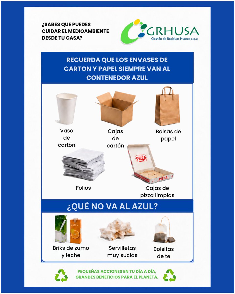grhusahuesca's tweet photo. 📘 APRENDIENDO CON GRHUSA | CONTENEDOR AZUL
🔵 Papel y cartón, siempre al azul.

¿Sabes qué residuos sí van y cuáles no? Desliza y descúbrelo. 👀♻️

Y recuerda: papel y cartón,  bien plegados para aprovechar mejor el espacio.

#AprendiendoConGRHUSA #Reciclaje #PapelYCartón https://t.co/VLiyD8c59c