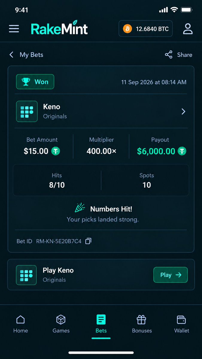 Rakemint_real's tweet photo. KENO 🎯 8 hits. 400x.
https://t.co/gSpWkLmWSk

$15 bet → $6,000 payout
Small ticket, seriously big result.

Think you can hit the numbers?
#RakeMint #Keno #CryptoCasino #CryptoGaming https://t.co/XJioMIUrBe