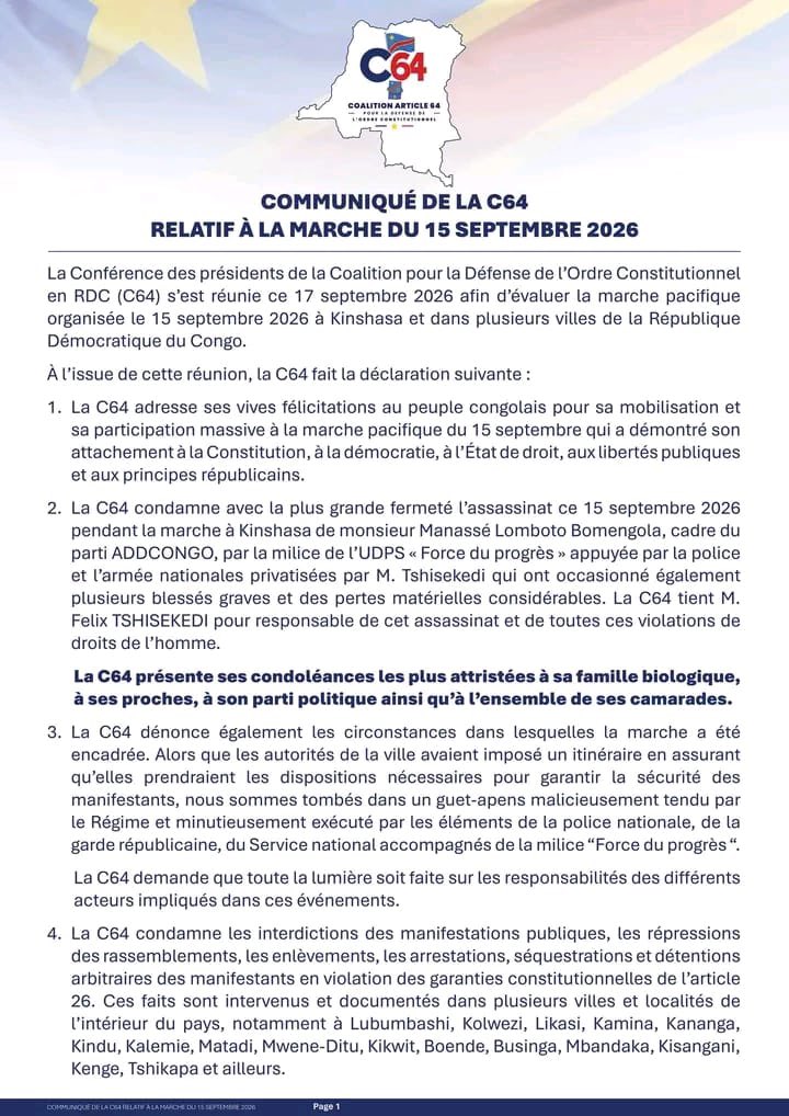 MartinFayulu's tweet photo. La C64 met en cause la responsabilité politique et pénale de Félix Tshisekedi et de son régime dans l’assassinat de Manassé Lomboto d’ADDCONGO, lors de la marche du 15 septembre 2026. Ils ont planifié l’élimination d’opposants en raison de leurs opinions. Justice doit être faite. https://t.co/ljHr1KZSmO
