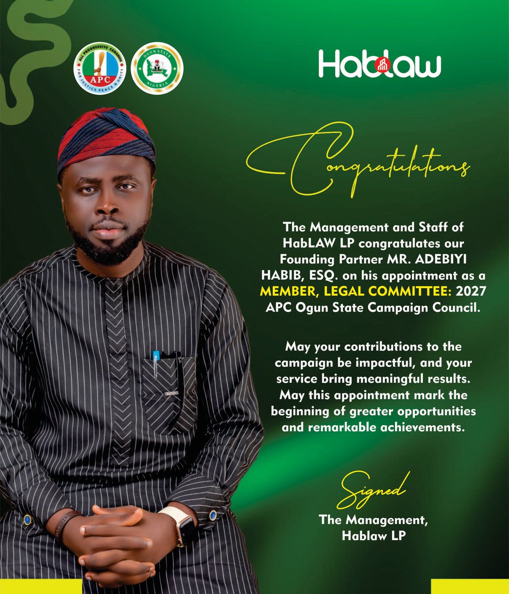 Adebiyihabib's tweet photo. It is with heart mingled with joy that i announce my appointment as a Member of the Legal Committee of the Ogun APC 2027 Campaign Council.

I am deeply honoured by this opportunity and grateful for the recognition of my commitment, loyalty, and service. I do not take this https://t.co/8kKkktKRyU