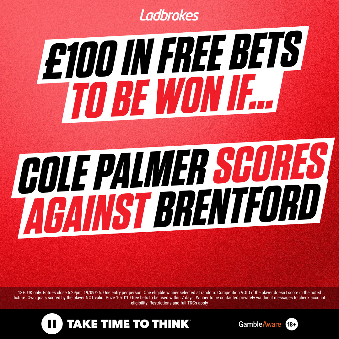 Ladbrokes's tweet photo. If Cole Palmer scores against Brentford, one of YOU will win £100 in free bets! 🤑

1️⃣ Reply to this post with Palmer's shirt number for Chelsea
2️⃣ Repost and like this post
3️⃣ Follow @Ladbrokes 

One eligible entrant will be selected at random and win the prize 🙌

Entries 2pm 18/09/26 - 7.59pm 18/09/26. Full T&Cs: https://t.co/21L800bFzx