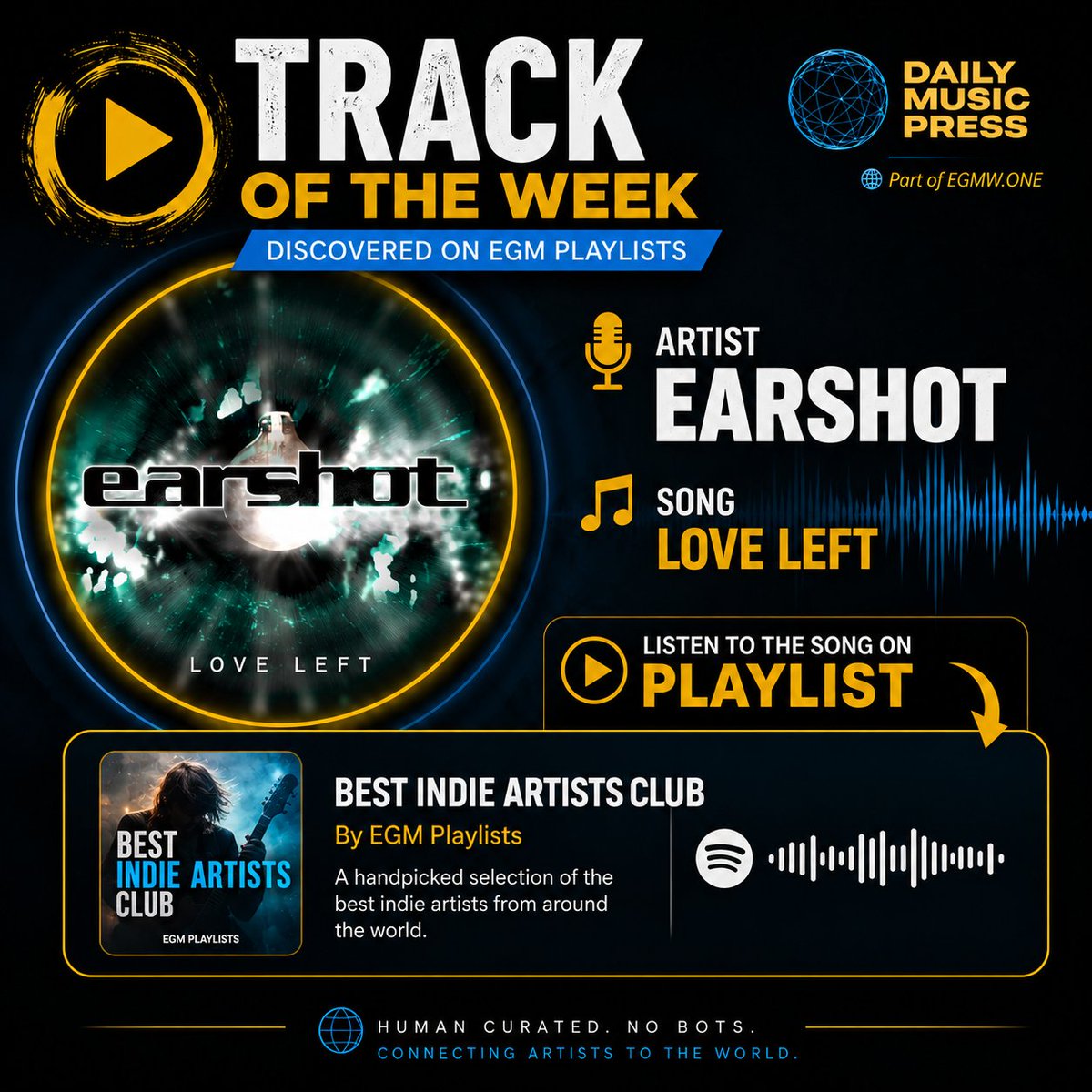 EgmPlaylists's tweet photo. 🎧 Track of the Week!

Earshot – “Love Left” 🔥
Discovered on our Best Indie Artists Club playlist and selected as this week’s EGM Track of the Week.
🎵 Human curated. No bots.

#Earshot #LoveLeft #TrackOfTheWeek #EGMPlaylists #IndieMusic https://t.co/T1FSAOnOXW