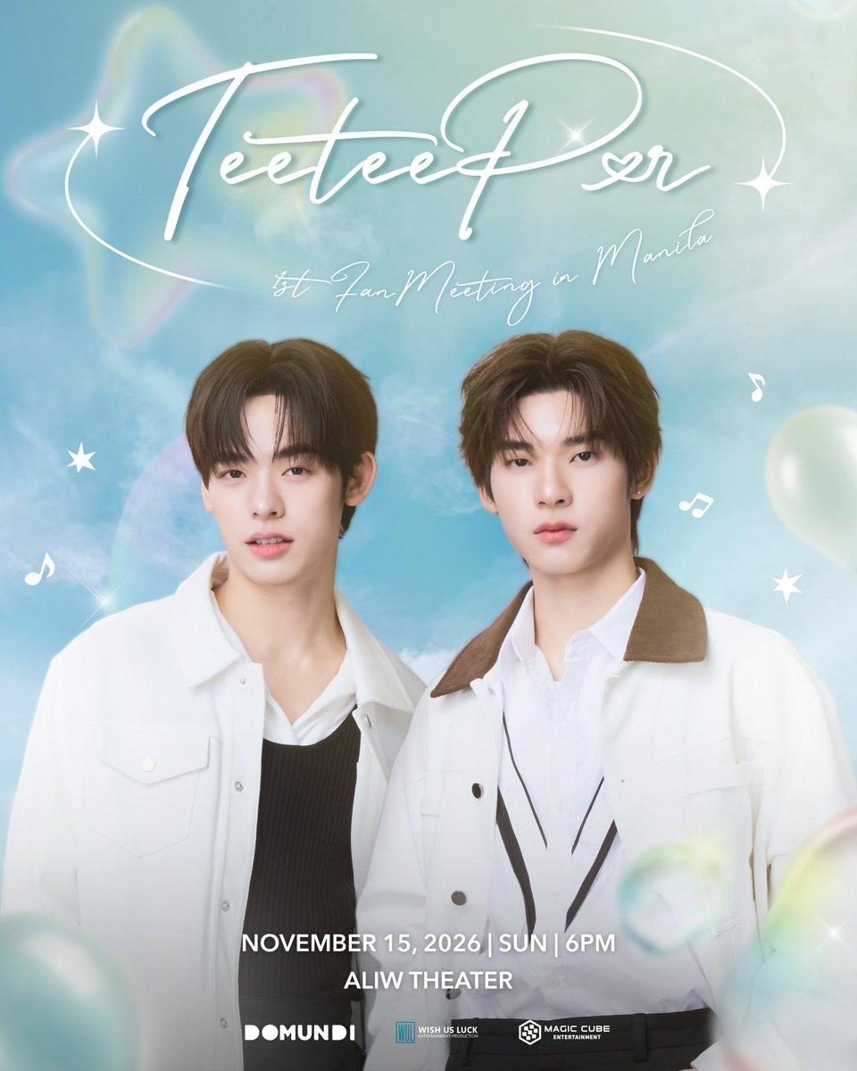 wishusluckent's tweet photo. Prepare to be enchanted at first sight as TeeTee and Por make their way to Manila to steal your hearts, VAVAs! 

Fill your day with the bright and adorable energy they're bringing exclusively to the TEETEEPOR 1ST FAN MEETING IN MANILA. 🐶🐻‍❄️

🎨 : November 15, 2026 (Sunday), 6PM
🎸: Aliw Theater 

Ticket sales will open on September 26, 2026 (Saturday), 12NN (GMT+8) via https://t.co/cH26HjwzUL. 

Top-up packages will be available starting September 27, 2026 (Sunday), 12NN (GMT+8) via https://t.co/cH26HjwzUL. 

@twnpich @porsuppakarn 
#TeeteePorFMinManila
#teeteepor 
#Domundi #MagicCubeTH #WishUsLuckPH