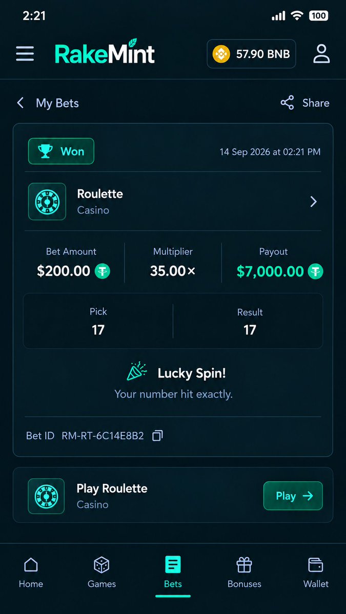 Rakemint_real's tweet photo. ROULETTE 🎡 17 was the number.

https://t.co/osAowZ5Xio
$200 → $7,000

Pick 17. Spin lands 17. 35x payout. 🎯
Your number next?
#RakeMint #Roulette #CryptoCasino #Casino https://t.co/OaVECQkLao