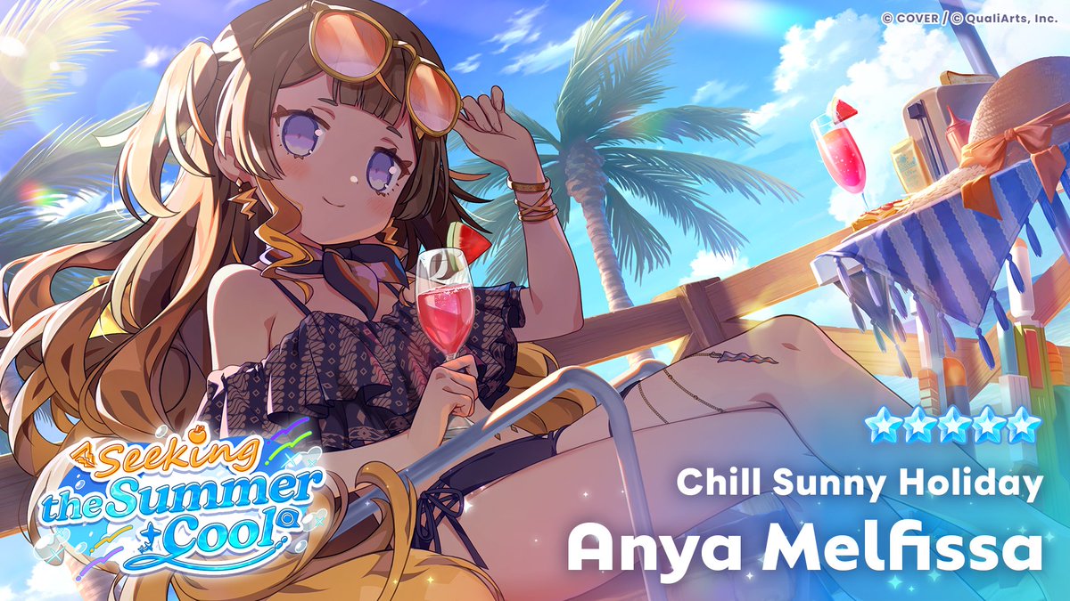 holo_dreams_en's tweet photo. /／
A new ★5 Member enters the stage!✨
Available in the gacha starting Saturday, September 19 at 11:00 AM (JST)!🎉
\＼

Revealing the illustration for ★5 [Chill Sunny Holiday] Anya Melfissa🍂

Obtain both her Park Outfit and Live Outfit when pulling her!✨

#holodori @anyamelfissa