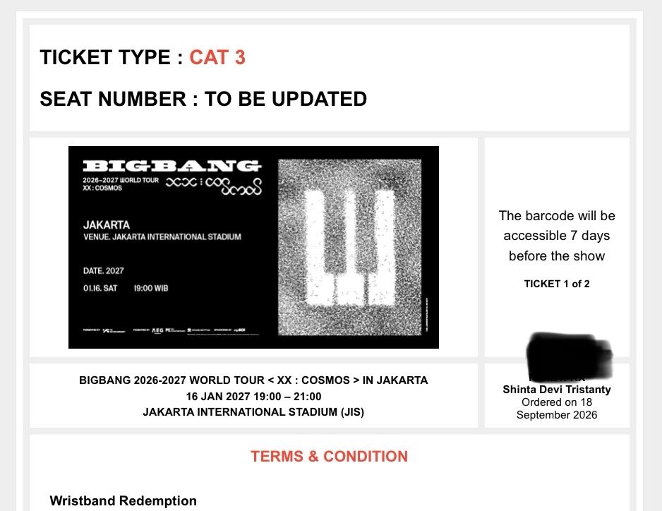 shintadt's tweet photo. WTS - WANT TO SELL
Bigbang 2026 - 2027 world tour <XX : COSMOS> In Jakarta

cat 3 ( 2tiket)
bca pre sale
akun pribadi
ditukar sampai jadi gelang fisik
bisa cod jakarta &amp; depok

#wtb #wts #bigbang https://t.co/8tAQ6l60yl