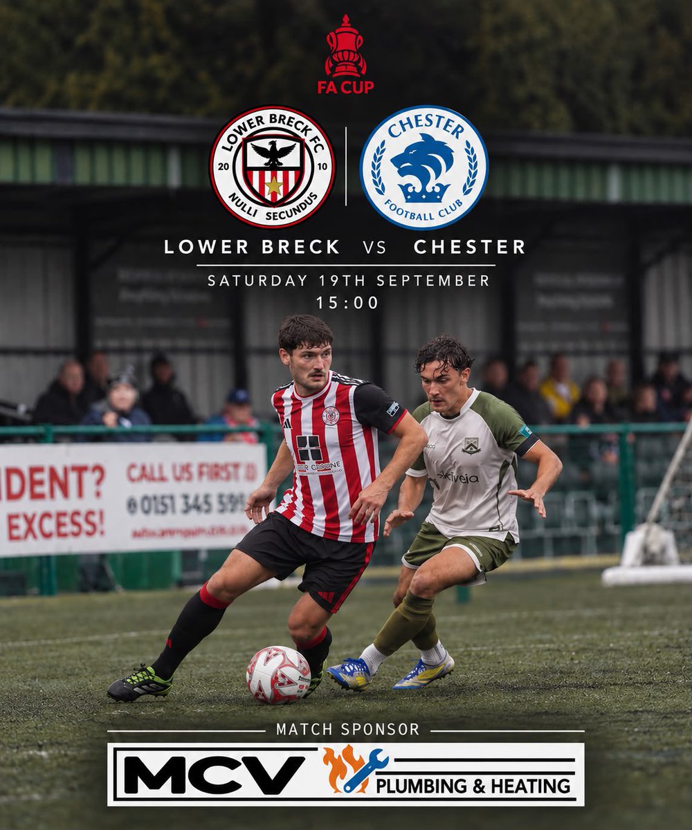 lowerbreck's tweet photo. A massive FA Cup fixture down at @anfield_sports tomorrow afternoon as we host @ChesterFC 3pm Kick Off…The Match Ball is kindly sponsored by MCV Plumbing & Gas (once again thank you to Connor for the fantastic support)…We still have a good lump of tickets on sale for those still looking for the weekend footy fix…UTB…⚽️🏆⚽️