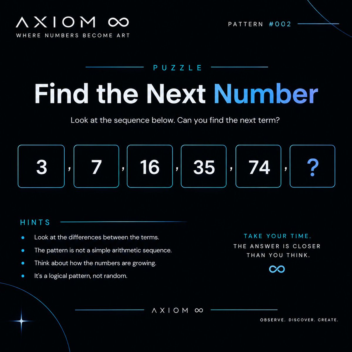 Axiom_Infinity5's tweet photo. π§© PATTERN #002
3 β 7 β 16 β 35 β 74 β ?
Can you find the next number? π
Comment your answer.
No calculator. Just observe. β
β AXIOM β
Where Numbers Become Art.
#AxiomInfinity #PatternLab #Puzzle #MathematicalArt https://t.co/dGAHWhe0Tz
