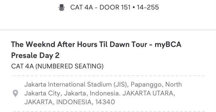 jennyhrmt's tweet photo. WTS 1 Tix The Weeknd Day 2 CAT 4A Door 151 (Sejajar Cat 1&amp;2)
Price negotiable, bisa cod tgl 23 pas penukaran wb

Plus ada barengan nontonnya juga
#WTS  #WTB #TheWeeknd https://t.co/4kJydMLOJp