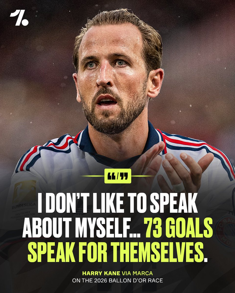 OneFootball's tweet photo. While the likes of Lamine Yamal and Kylian Mbappé are putting their case across to win the 2026 Ballon d'Or, Harry Kane is refusing to be drawn into discussions of whether he should be the front runner for football's biggest individual prize 👀❌🏆

The England captain is remaining humble and says his primary focus is this season, despite the last one being the 'best of his life' 🫡✨🏴󠁧󠁢󠁥󠁮󠁧����