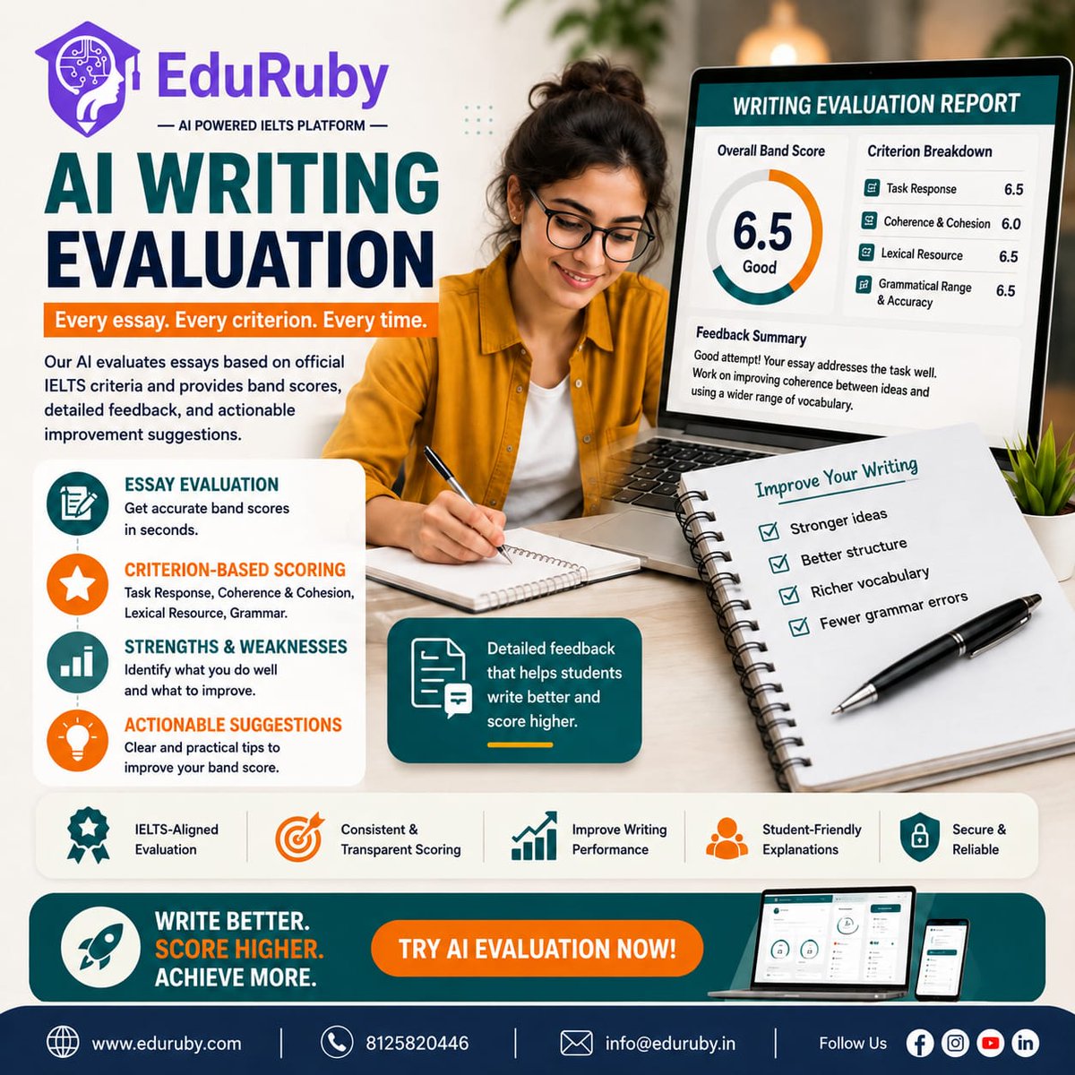 EduRuby100's tweet photo. AI Writing Evaluation for IELTS – Write Better. Score Higher.
With EduRuby’s AI Writing Evaluation, get detailed insights into your essays based on key IELTS writing criteria.
https://t.co/ovU64KyQ60
8125820446
info@eduruby.in
#EduRuby #IELTS #IELTSWriting #IELTSPreparation https://t.co/9Afrl5RiLG