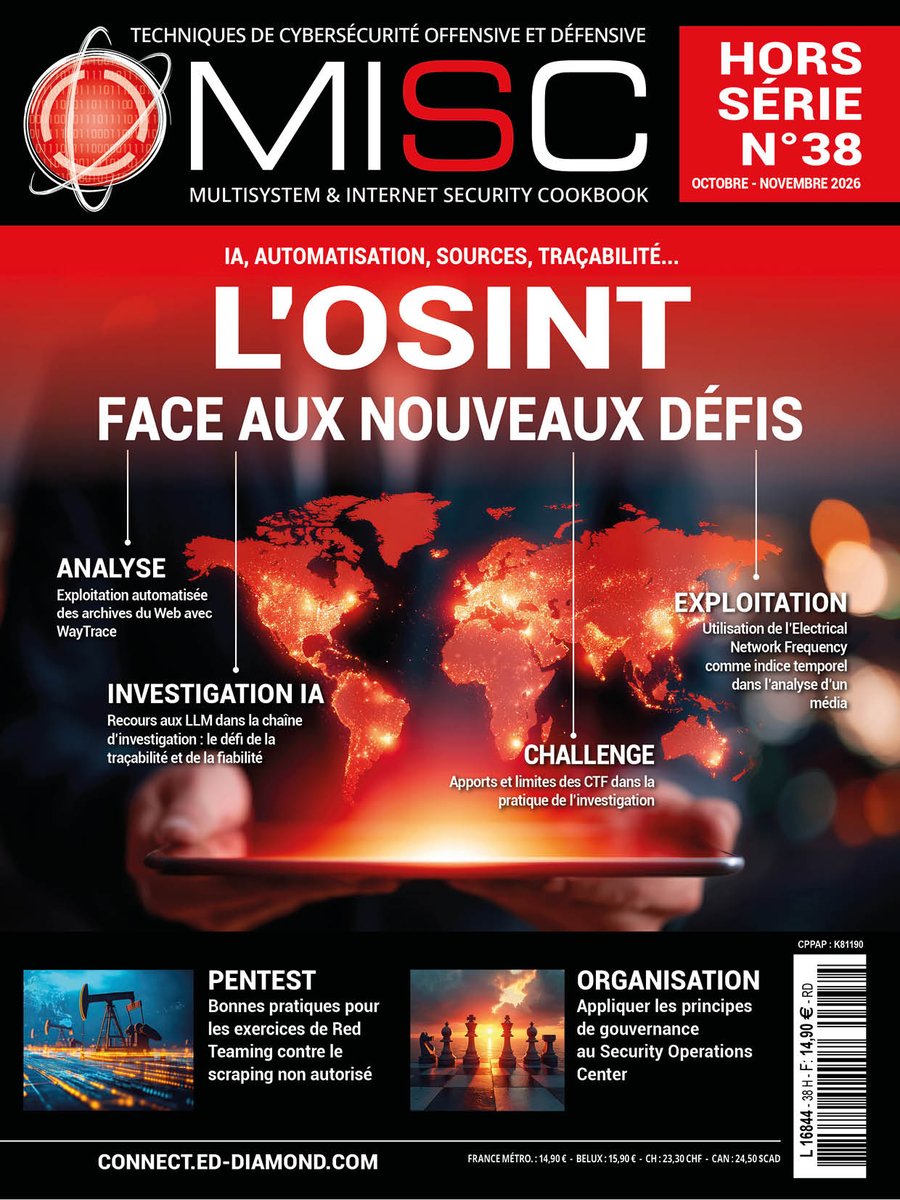 MISCRedac's tweet photo. Près de 3 ans après un premier HS consacré au sujet (https://t.co/MKrJHVZ5vU), l'#OSINT est de retour dans MISC !

Fil rouge de ce nouveau numéro : reprendre le contrôle de la chaîne d’investigation, face aux nouveaux usages et défis.

En kiosque dès vendredi prochain ! https://t.co/g4QJDnFfP9