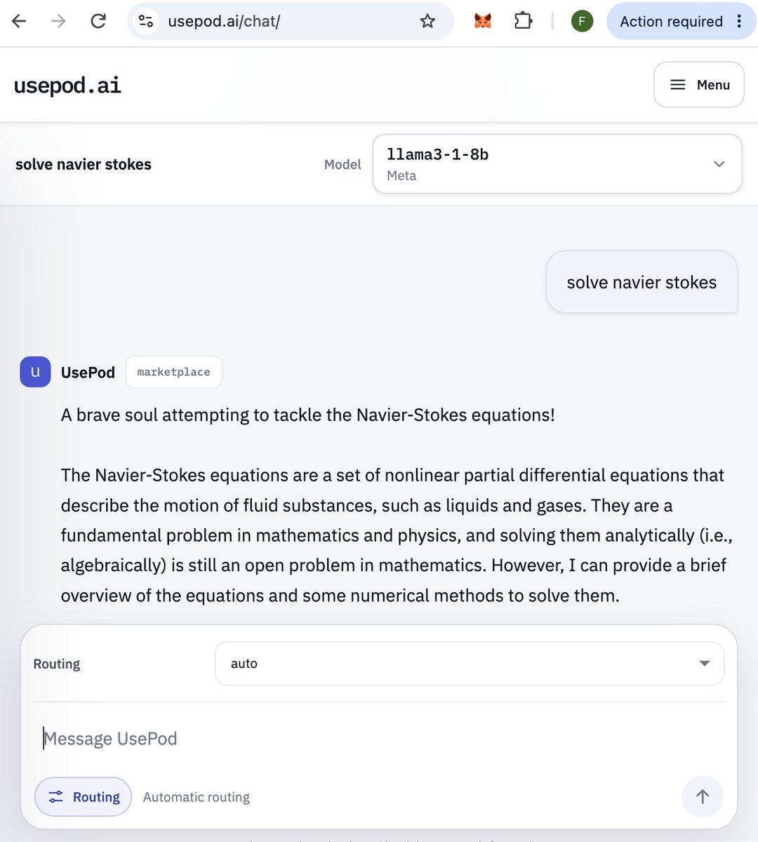 pod_miner's tweet photo. There is a nice UX to @UsePodAI and the llama model we are serving from our rented V100 is working perfectly. Navier Stokes though - tough first outing #tokenomics $PODM #clawrena #ansemhack https://t.co/zcwzgvGFE9