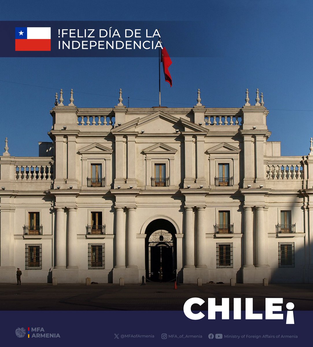 MFAofArmenia's tweet photo. On #Independence Day of #Chile🇨🇱, we extend our warmest congratulations to its people &amp; Government.

#Armenia🇦🇲 reaffirms its readiness to strengthen our friendship &amp; further developing bilateral dialogue &amp; cooperation. https://t.co/QdoCt5vCTm