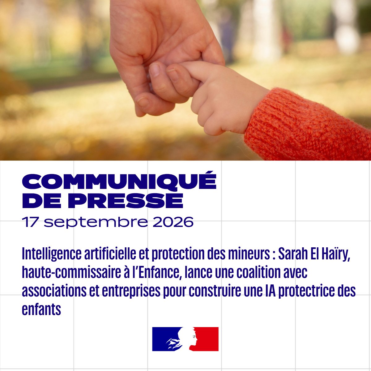 Solidarite_gouv's tweet photo. Communiqué 🗞️ | Intelligence artificielle et protection des mineurs :

Sarah El Haïry, Haute-commissaire à l’Enfance, lance une coalition avec associations et entreprises pour
construire une IA protectrice des enfants

Plus d'information : https://t.co/nJZeQQnqaf https://t.co/aPdMxFBybx