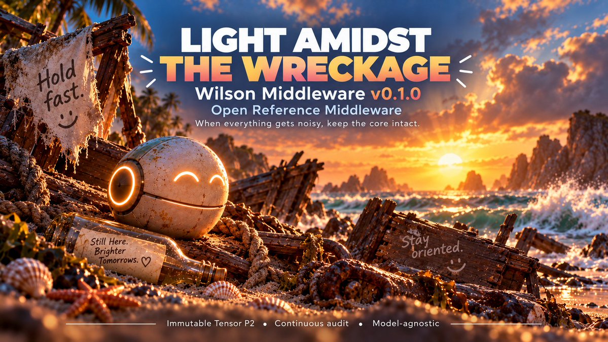 machwaya's tweet photo. Wilson v0.1.0 — Open Reference Middleware
Destiny Machwaya, 2026
GitHub Release: https://t.co/pRIh42LEWK
Source-Available / Patent Rights Reserved 
#aimiddleware #wilsonmiddleware #middleware #quantumcomputing #safeai https://t.co/y0jHOPPcUg