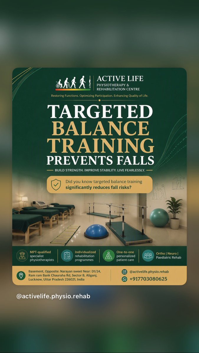 ALPhysioRehab's tweet photo. 🧠 Targeted Balance Training for Fall Prevention
Balance training can improve postural control, stability &amp; functional mobility. Programmes should be individualised to the person’s abilities and fall risk.
Assess → Train → Progress → Move #FallPrevention#BalanceTraining #Rehab https://t.co/qcUq86PVIC