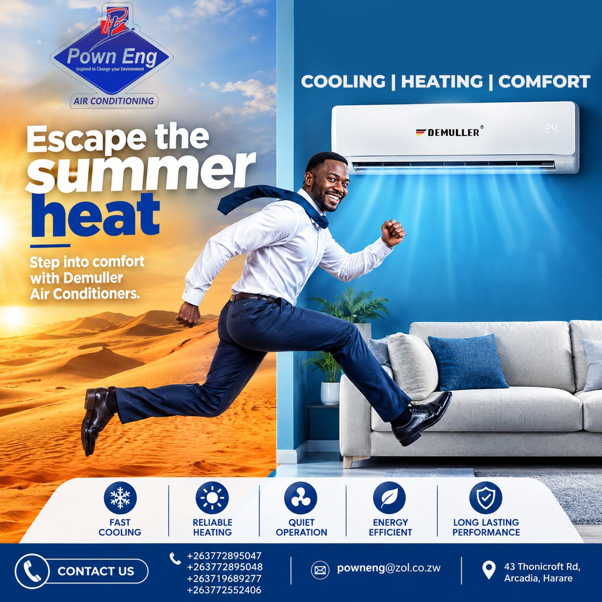 AirPown's tweet photo. ❄️ ESCAPE THE SUMMER HEAT WITH DEMULLER!

Turn any hot, uncomfortable environment into a cool, fresh and comfortable space with Demuller Air Conditioners
Don’t wait for the heat to become unbearable. Get in touch with Pown Engineering today for your Demuller air conditioner. https://t.co/cqzYyR0O5H