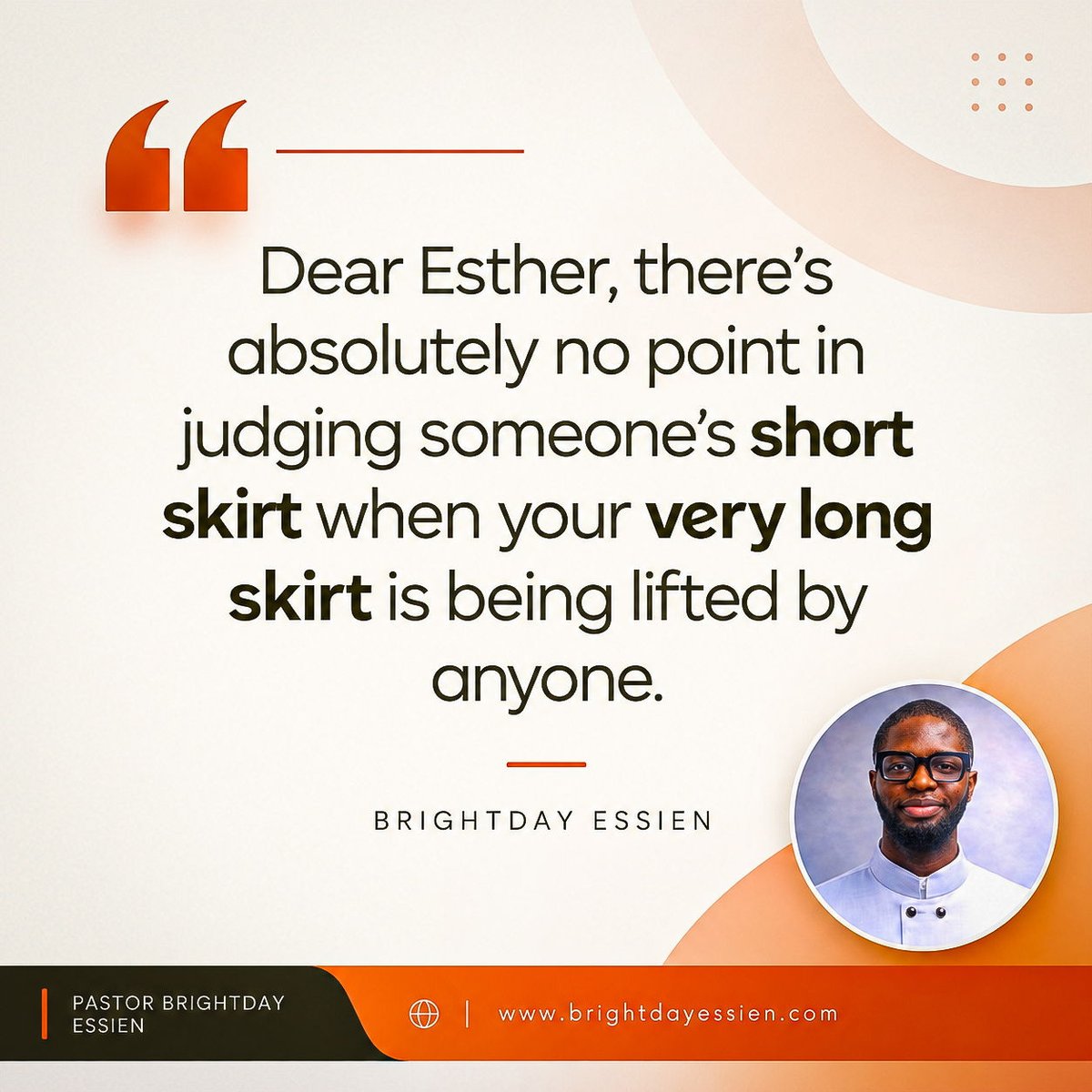 pastorbrightday's tweet photo. Sometimes, before we judge someone else’s appearance, choices, or mistakes, we should take a closer look at ourselves.
It is easy to point at another person’s “short skirt” while ignoring the things that expose our own hearts. https://t.co/ZId6NIXa6b