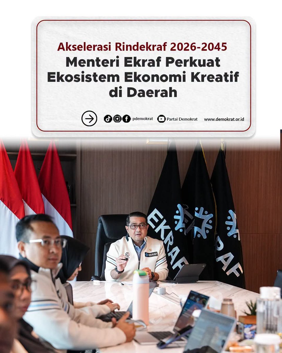 DPCDemokratLA's tweet photo. Menteri Ekonomi Kreatif/Badan Ekonomi Kreatif, Teuku Riefky Harsya, mendorong percepatan implementasi Rencana Induk Ekonomi Kreatif (Rindekraf) 2026–2045 melalui kolaborasi pemerintah pusat dan daerah.

#menekraf #teukuriefkyharsya #rindekraf #demokrat https://t.co/i3kIxnNgIP