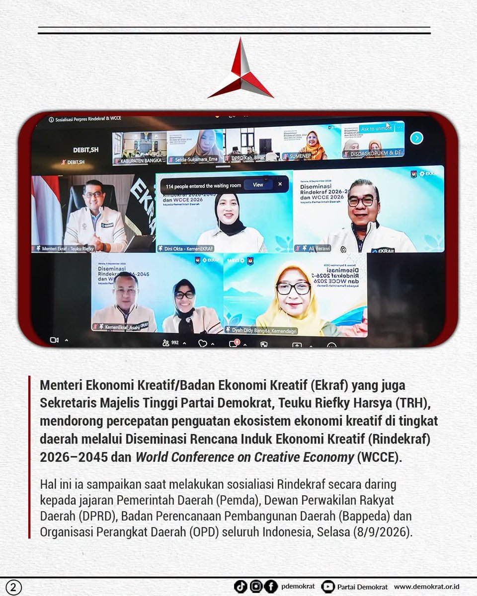 DPCDemokratLA's tweet photo. Menteri Ekonomi Kreatif/Badan Ekonomi Kreatif, Teuku Riefky Harsya, mendorong percepatan implementasi Rencana Induk Ekonomi Kreatif (Rindekraf) 2026–2045 melalui kolaborasi pemerintah pusat dan daerah.

#menekraf #teukuriefkyharsya #rindekraf #demokrat https://t.co/i3kIxnNgIP